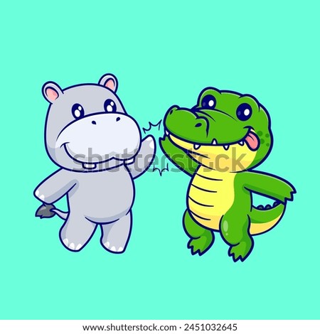 Cute Hippo And Crocodile High Five Cartoon Vector Icon Illustration. Animal Nature Icon Concept Isolated Premium Vector. Flat Cartoon Style