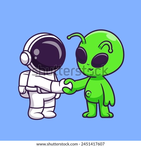 Cute Astronaut Handshake With Alien Cartoon Vector Icon Illustration. Science Technology Icon Concept Isolated Premium Vector. Flat Cartoon Style