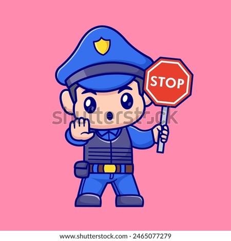 Cute Police Holding Stop Sign Cartoon Vector Icon Illustration. People Profession Icon Concept Isolated Premium Vector. Flat Cartoon Style
