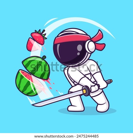 Cute Astronaut Ninja Slash Fruit With Katana Sword Cartoon Vector Icon Illustration. Science Holiday Icon Concept Isolated Premium Vector. Flat Cartoon Style