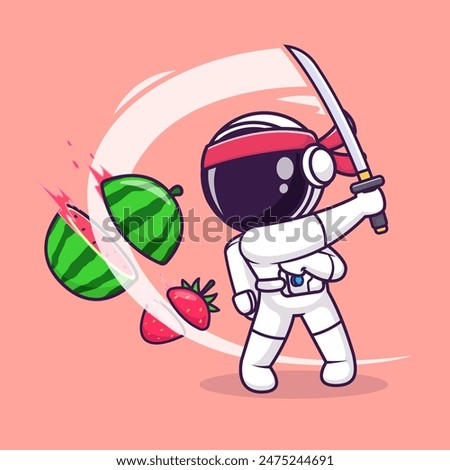 Cute Astronaut Ninja Slash Fruit With Katana Sword Cartoon Vector Icon Illustration. Science Holiday Icon Concept Isolated Premium Vector. Flat Cartoon Style