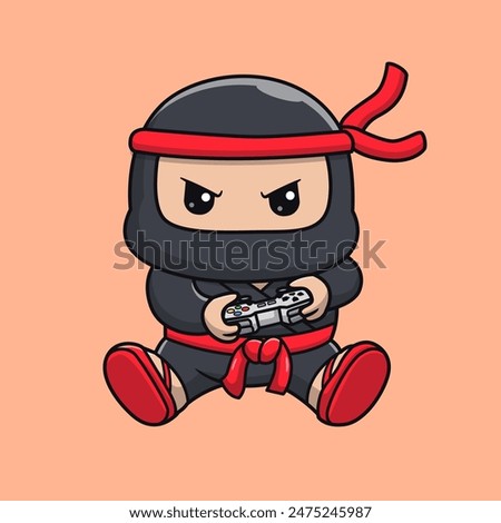 Cute Ninja Gaming Cartoon Vector Icon Illustration. People Technology Icon Concept Isolated Premium Vector. Flat Cartoon Style