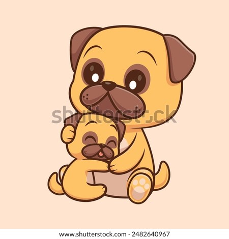 Cute Pug Dog Hug Baby Pug Dog Cartoon Vector Icon Illustration. Animal Nature Icon Concept Isolated Premium Vector. Flat Cartoon Style