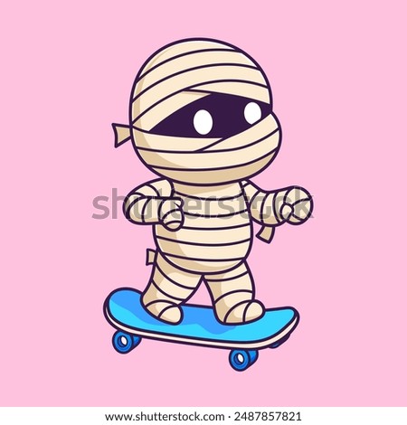 Cute Mummy Playing Skateboard Cartoon Vector Icon Illustration. Holiday Sport Icon Concept Isolated Premium Vector. Flat Cartoon Style