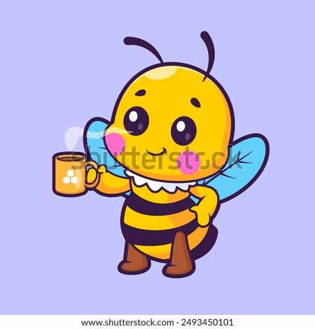 Cute Honeybee Drinking Coffee Cartoon Vector Icon Illustration. Animal Drink Icon Concept Isolated Premium Vector. Flat Cartoon Style