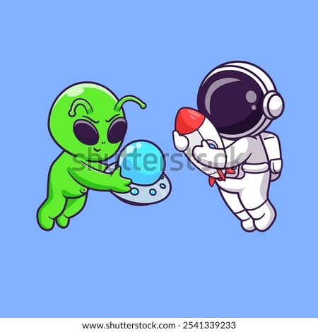 Cute Astronaut And Alien Playing Together With UFO And 
Rocket Cartoon Vector Icon Illustration. Science Technology 
Icon Concept Isolated Premium Vector. Flat Cartoon Style 