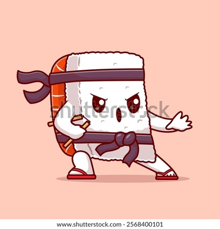 Cute Sushi Ninja Fighter With Double Stick Karate Cartoon 
Vector Icon Illustration. Food holiday Icon Concept Isolated 
Premium Vector. Flat Cartoon Style 