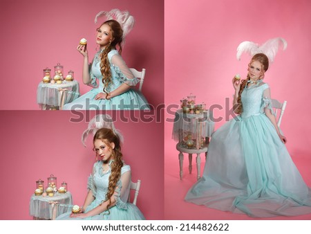 Princess on pink background with beautiful pastries