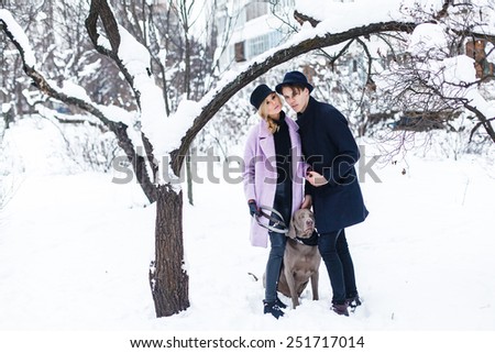 Happy couple walking the dog in a winter landscape