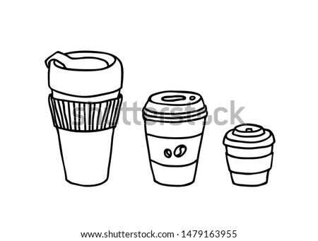 Different serving size coffee cups vector elements. Hot drink tumblr vector illustration. Take away paper cup drinks, black and white doodle.