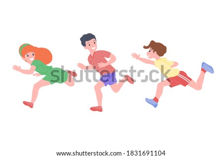 Happy children playing sports games. The boys and the girl are doing physical exercises. Children play catch-up. Active healthy childhood. Cartoon flat vector illustration isolated on white background