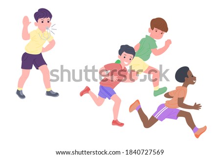 Happy children playing sports games. The boys and the girl are doing physical exercises. Children play catch-up. Active healthy childhood. Set of flat vector illustration isolated on white background