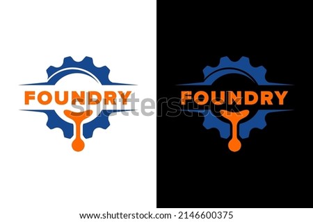 Foundry, Metallurgy, iron molten metal pouring in gear, logo design. Heavy industry and engineering