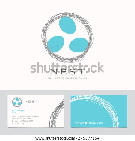 Nest with Bird Eggs. Business sign & Business card vector template for real estate agency, architecture bureau, home decor boutique, home insurance, building & renovation. Corporate web site element.