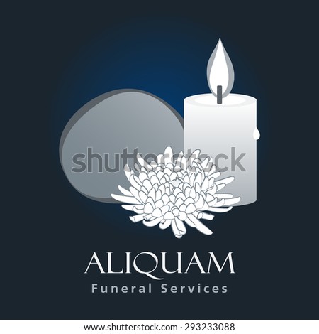 Funeral Services business sign vector template. Funeral ceremony invitation card concept with traditional Jewish symbols: stone & candle. Funeral Home web site or business card elements. Sample text.