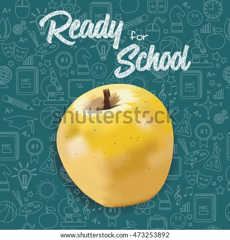Ready for School new school year welcoming message & Yellow Apple. Stationery supplies sale banner with chalkboard background & line icons school education seamless pattern. Layered, editable