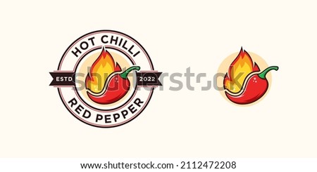 Vintage Badge Stamp Hot Chili Emblem Red Pepper Spicy Food Spice Sauce Cayenne Paprika Fire Flame Vector Logo Design