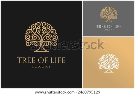 Tree Maple Oak Elm Life Branch Stem Twig Curly Line Art Gold Luxury Vector Logo Design Illustration