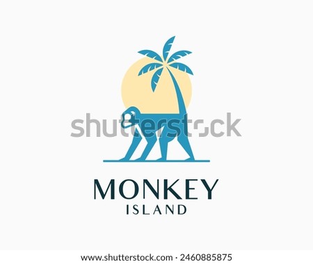 Monkey Chimpanzee Ape Primate Island Palm Tree Sun Holiday Vacation Vector Logo Design Illustration