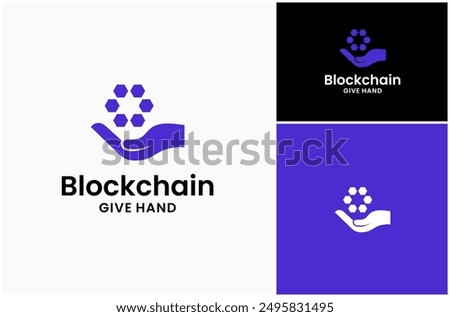 Giving Hand Present Gift Blockchain Cryptocurrency Data Technology Vector Logo Design Illustration