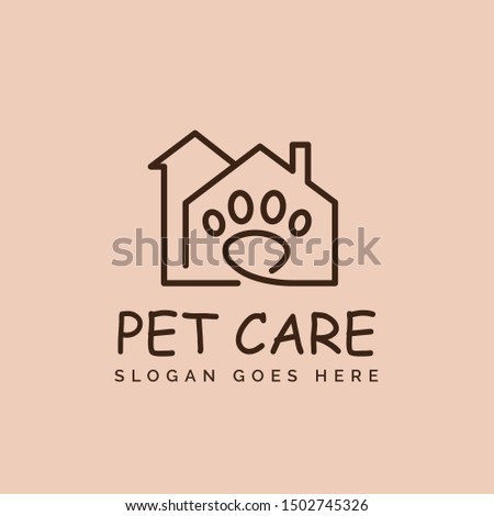 Simple pet shop clinic home care line art logo design with house, chimney and dog or cat footprints