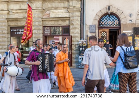 Lviv - June 06: Performance of Hare Krishnas at Market Square, June 6, 2015, Lviv, Ukraine