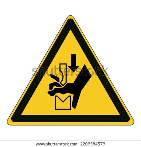 Warning; Hand crushing between press brake tool
To warn of the closing jaws of a press brake tool
Press brake tool (punch and die), hand between punch and die, arrow pointing downwards Stockfoto © 