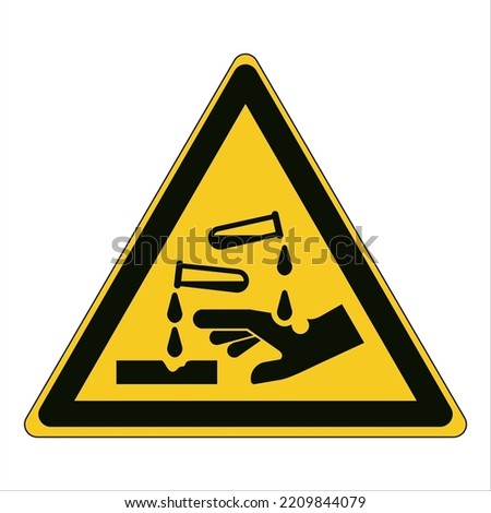 Warning; Corrosive substance
To warn of a corrosive substance
Hand with indentation, two test tubes, four droplets, thick line with indentation