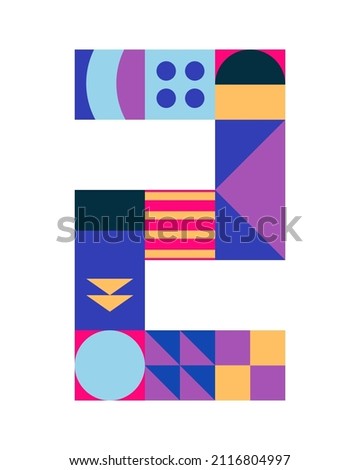 Number 2 from multicolored geometric shapes, cubes isolated on white. Neo geo. Vector illustration