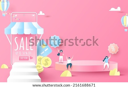 online shopping. podium pink background. decoration, Podium, credit card, percentage, sale, smart phone, people. paper cut and craft style. vector art and illustration. 