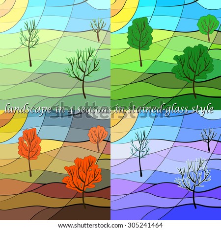 Landscape in four seasons in stained-glass style. Four vector works