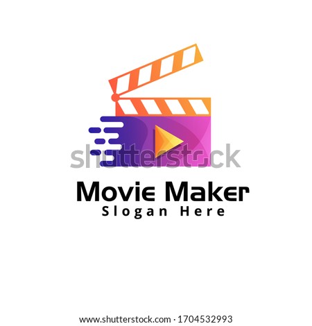 movie maker logo, video clip, fast play film mobile app logo design vector template