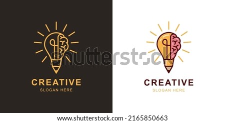 smart Creative idea pencil logo element with brain and light bulb icon symbol for inspiration, student study, education, creative design agency logo