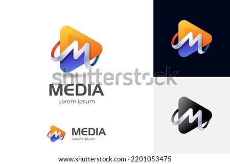 vector Media Play with Letter M Logo Design, Media Player Logo Icon, Modern Play Button Logo, 3d letter m triangle logo template