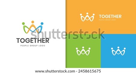 Abstract crown people logo icon design with minimal style illustration. Family teamwork emblem sign symbol logotype