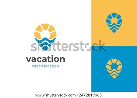 sunset in beach location logo icon design with pin and sun graphic idea elements vector illustration design for summer vibes signs