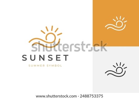 summer logo icon design with a sun with rays and a wave graphic line art modern logo