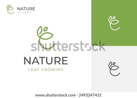 growing leaf line logo icon design, circle Earth with plant graphic symbol for green Earth Day, nature globe and greening earth vector logo template