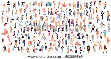 Crowd of flat illustrated people. Dancing, surfing, traveling, walking, working, playing people set. Vector big set