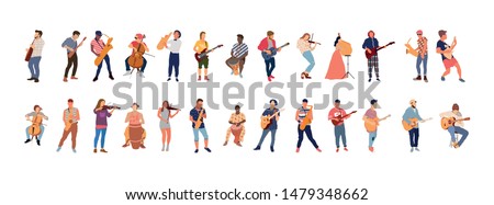 Street musicians set. All music instruments in one set. Flat isolated illustration - Vector