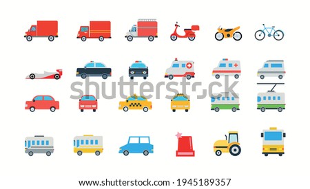 Car vector icons set. Land Vehicles Pack. Automobile, Freight Transportation, Taxi, Police Car, Ambulance, Truck, Van, Bicycle, Motor Bike, Bus Illustrations Collection