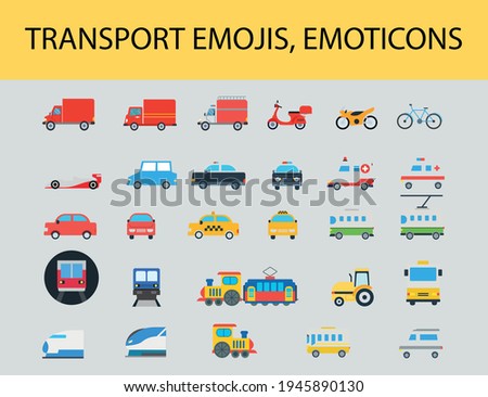 Car and train vector icons set. Land and railway Vehicles Pack. Automobile, Freight Transportation, Taxi, Police Car, Ambulance, Truck, Van, Bicycle, Motor Bike, Bus, Railway, Illustrations Collection