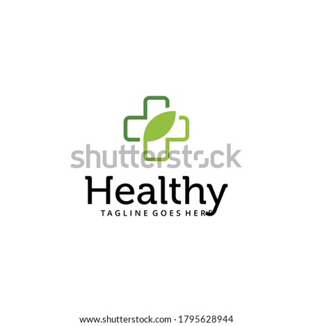 Creative simple modern health red cross with leaf logo design illustration