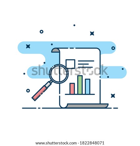 Vector magnifying glass and paper document containing chart. Infographic vector illustration. Suitable for web design, banners, advertisements, and others.