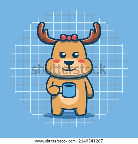 Cute deer character holding blue glass vector illustration.