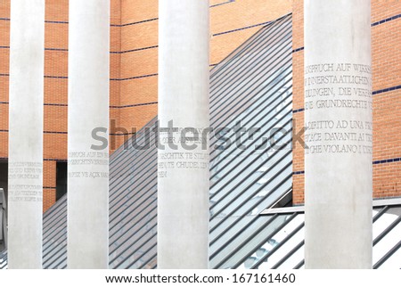 NUREMBERG, GERMANY - SEPTEMBER 21: Street of Human Rights with concrete pillars engraved with articles of the 1948 Universal Declaration of Human Rights on September 21, 2013 in Nuremberg, Germany.