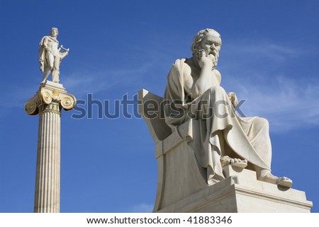 Statues of Socrates and Apollo in Athens, Greece.