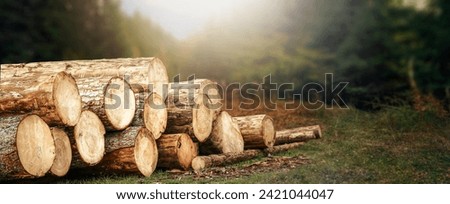 Similar – Image, Stock Photo Industrial logging and harvesting with machinery in winter mountain forest. Flying drone view photography.