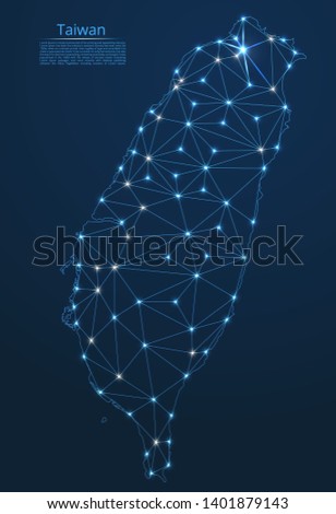 Map of Taiwan connection. Vector low-poly image of a global map with lights in the form of cities or population density, consisting of points and shapes in the form of stars and space.