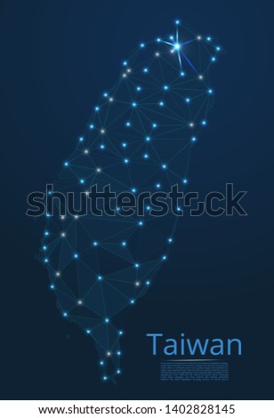 Map of Taiwan connection. Vector low-poly image of a global map with lights in the form of cities or population density, consisting of points and shapes in the form of stars and space.